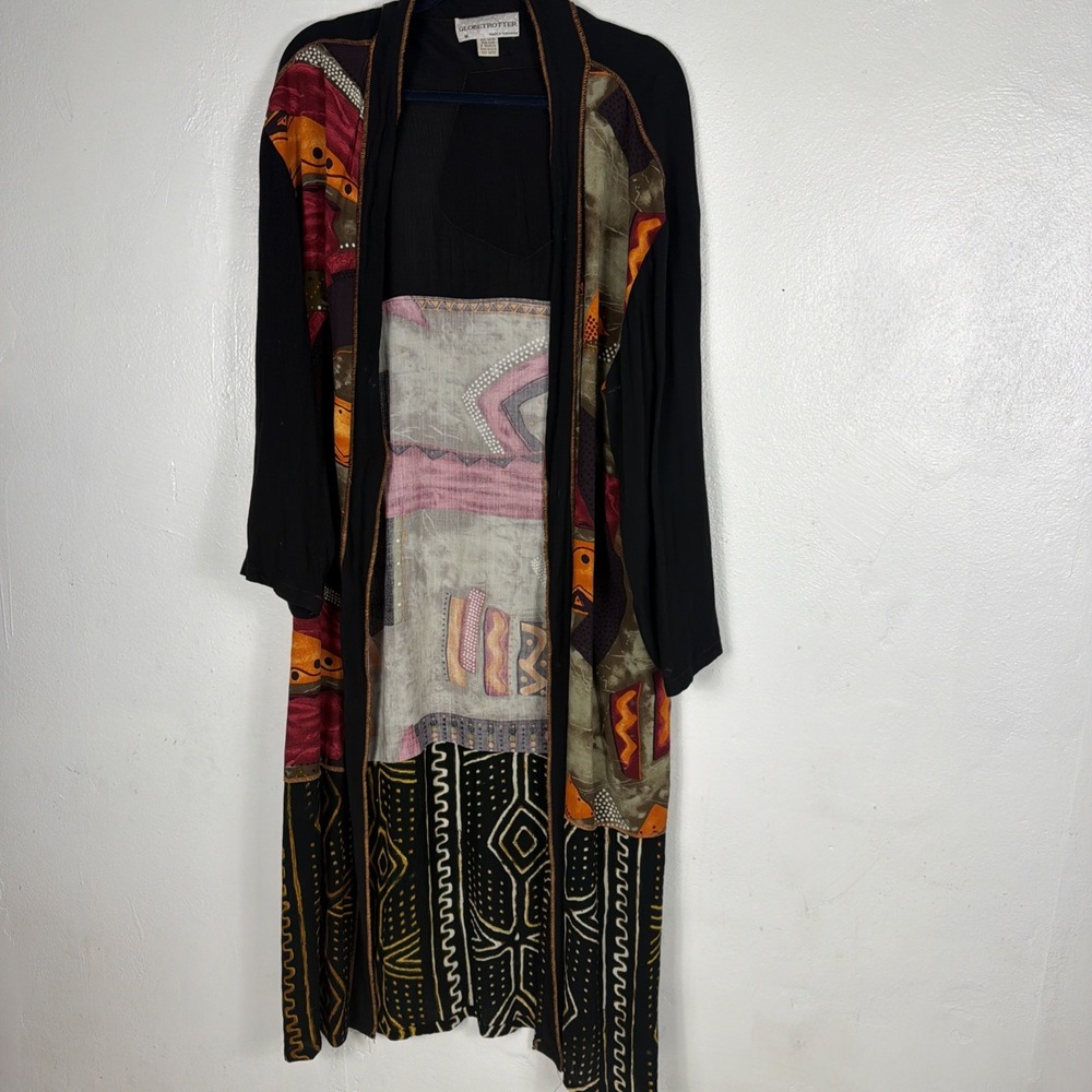 Vintage 80s 90s Multicolor Tribal Print Rayon Duster Jacket By‎ Globetrotter  M